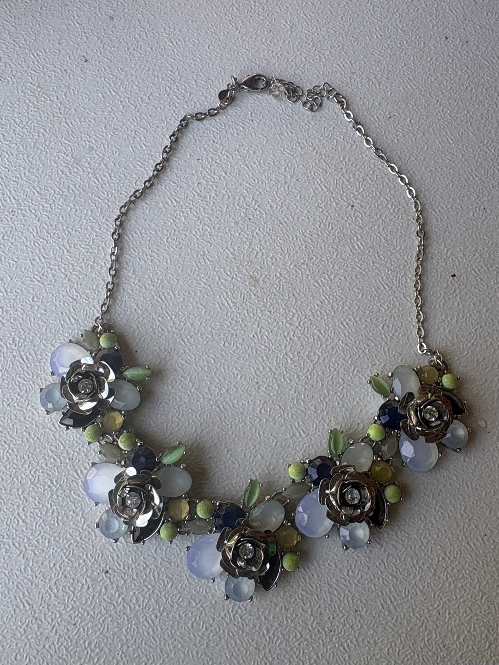 LOFT Silver Floral Bib Necklace with Lilac, Navy and Lime Accents